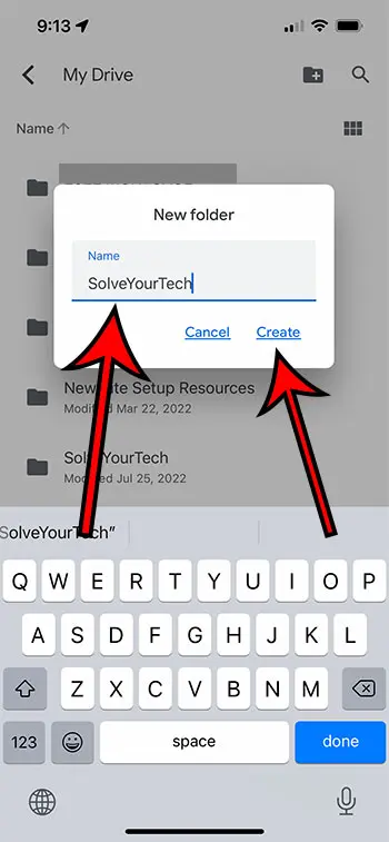 how to make a new Google Docs folder on iPhone