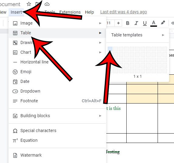 how to add a single cell table in Google Docs