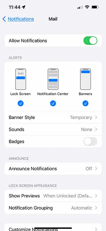 iPhone Mail notification settings