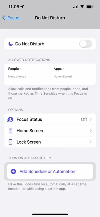 iPhone Focus Do Not Disturb settings