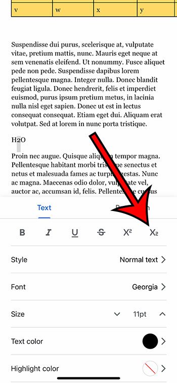 how to do subscript in Google Docs mobile