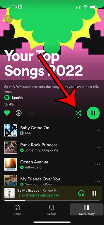 how to shuffle in the iPhone Spotify app
