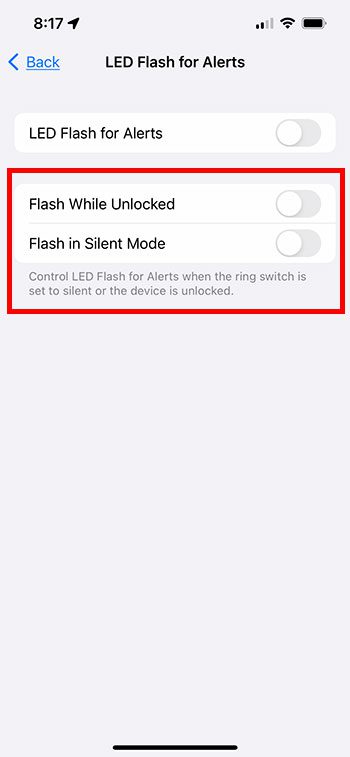 extra settings for how to turn off flash notification