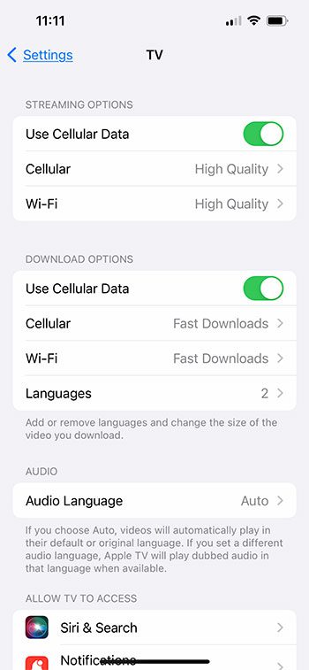 iPhone TV app cellular data settings