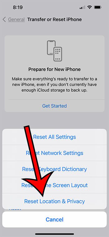 tap Reset Location and Privacy