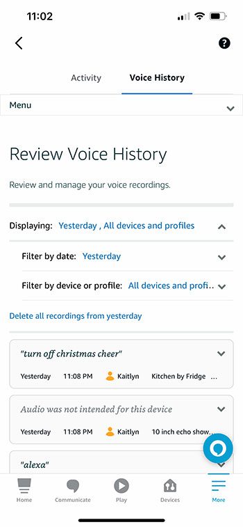 how to view Alexa voice history on iPhone