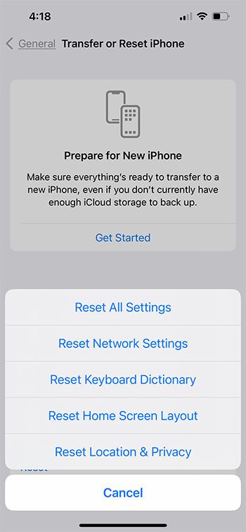 what are the iPhone reset options