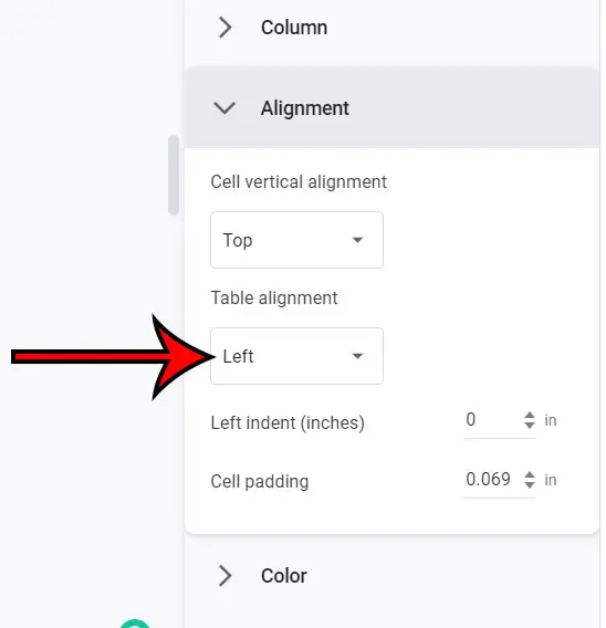click the Table alignment dropdown