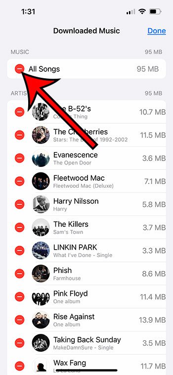Click on the red circle next to all songs