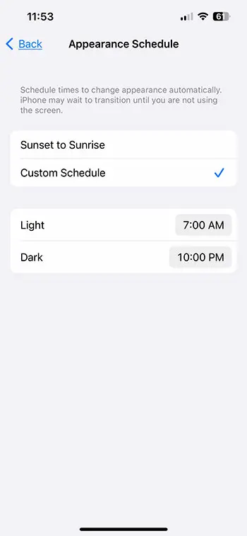 how to set a schedule for dark and light mode