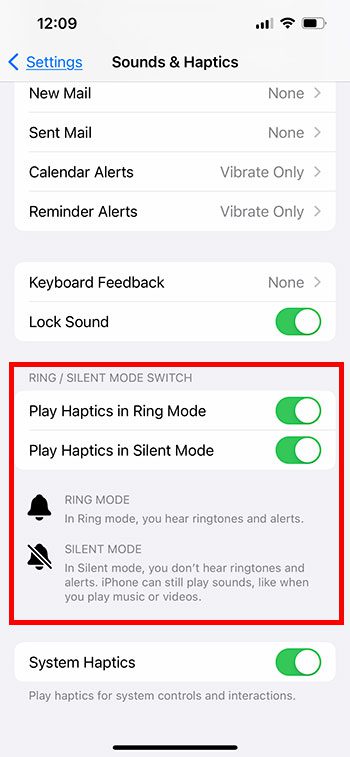 turn on play haptics in ring mode and play haptics in silent mode