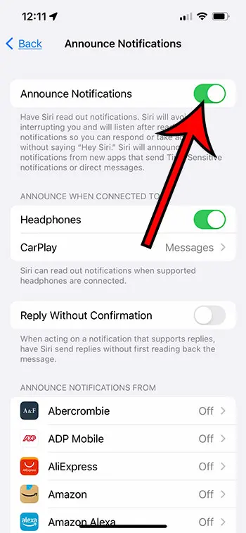 iPhone Announce Notifications setting