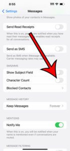 how to enable or disable character count for Messages on iPhone 14
